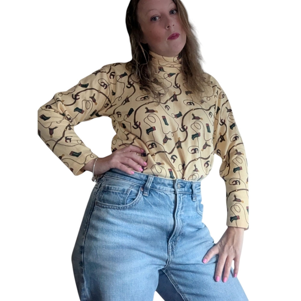 Talbots Cowboy Print Cowl Neck Y2K 90's Top Small Petite Stretch